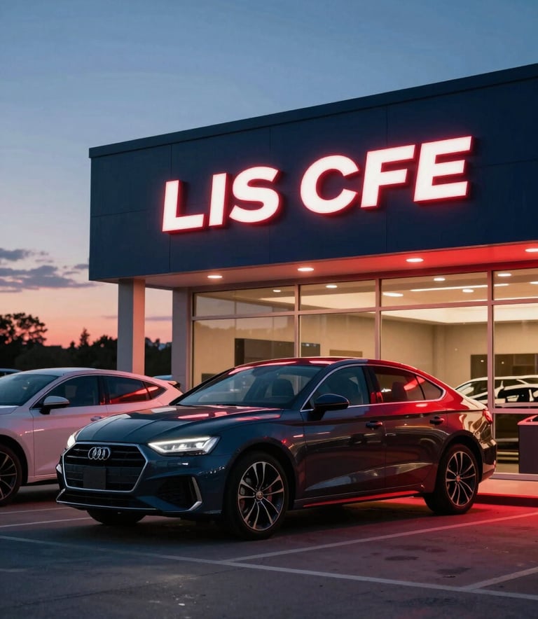 A modern car dealership showroom in Texas at dusk, soft red and deep navy blue ambient lighting, very premium and clean atmosphere.