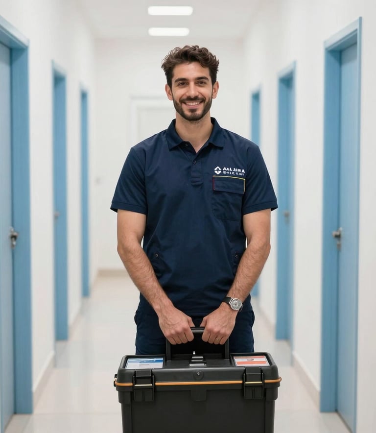 A friendly and professional technician with a toolbox standing confidently in a clean, modern hallway in Al Qasimia, Sharjah. Bright, airy composition with navy blue and light blue brand colors.
