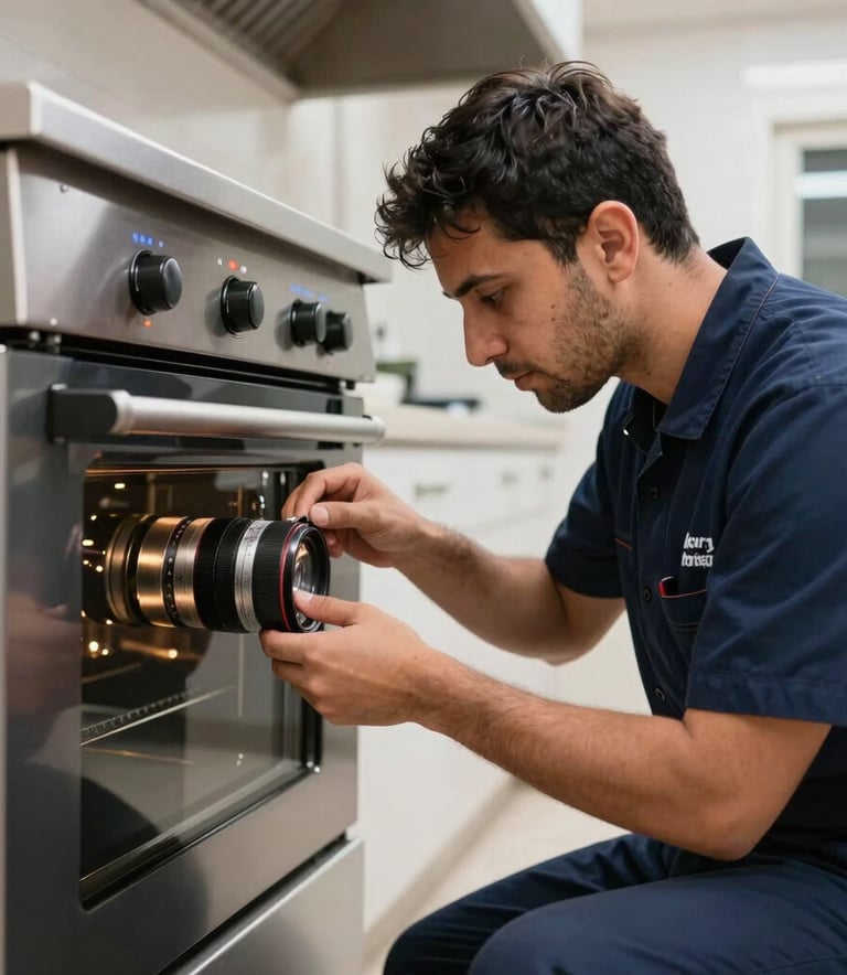 A professional technician in a navy blue uniform meticulously repairing a large oven in a modern Middle Eastern kitchen. The lighting is bright and clear, reflecting a reliable and efficient service environment in Sharjah.