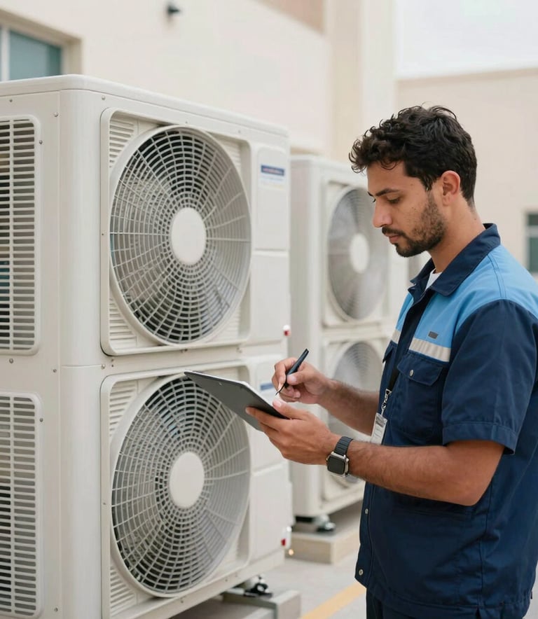 A professional technician wearing a neat uniform inspects a large commercial air conditioning unit in a modern building in Sharjah, Middle Eastern / Gulf setting, clean composition with soft natural lighting and navy blue and light blue accents.