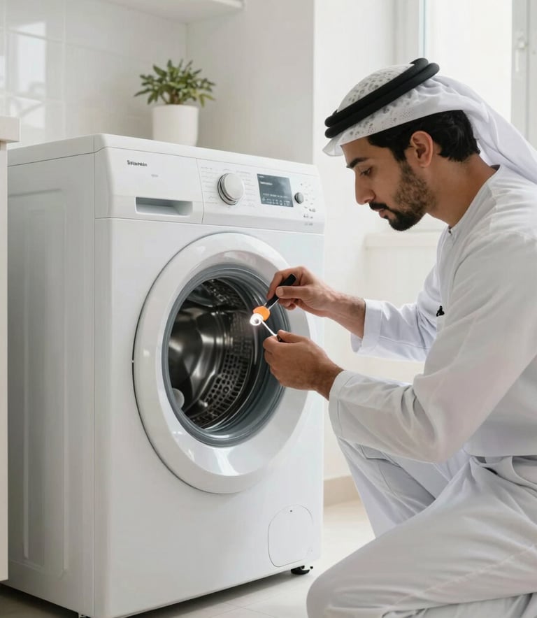 Professional appliance repair scene in a well-lit Sharjah home, featuring a modern washing machine being serviced by an expert, Middle Eastern / Gulf architecture and interior design, professional atmosphere.