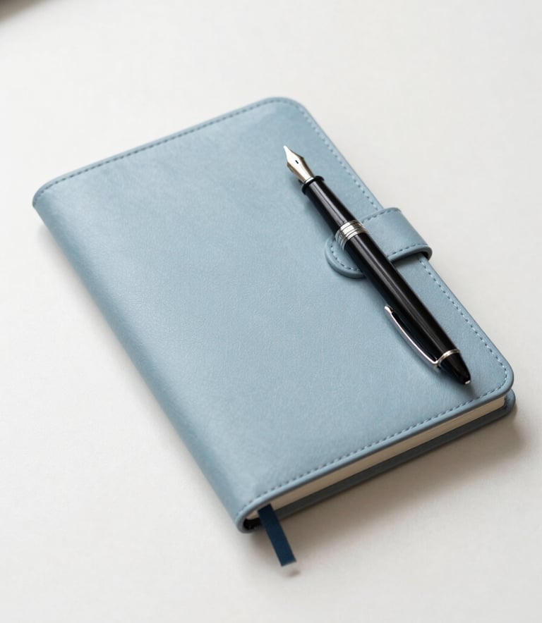 A minimalist, high-angle shot of a clean, organized desk featuring a sleek leather notebook and a high-end fountain pen. The aesthetic is professional and academic, set in a bright North American study with a color palette of soft off-white and light blue.