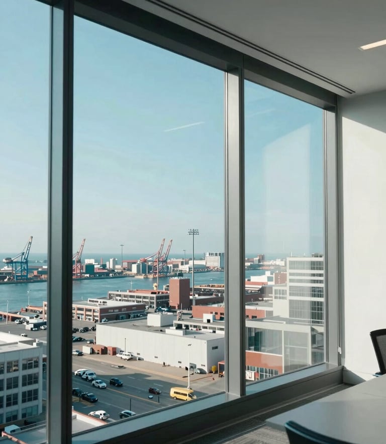 A high-end, modern office in a North American city with floor-to-ceiling windows overlooking a busy commercial port. The scene is bright with natural morning light. Deep Midnight Teal and Arctic White tones are present in the interior design.