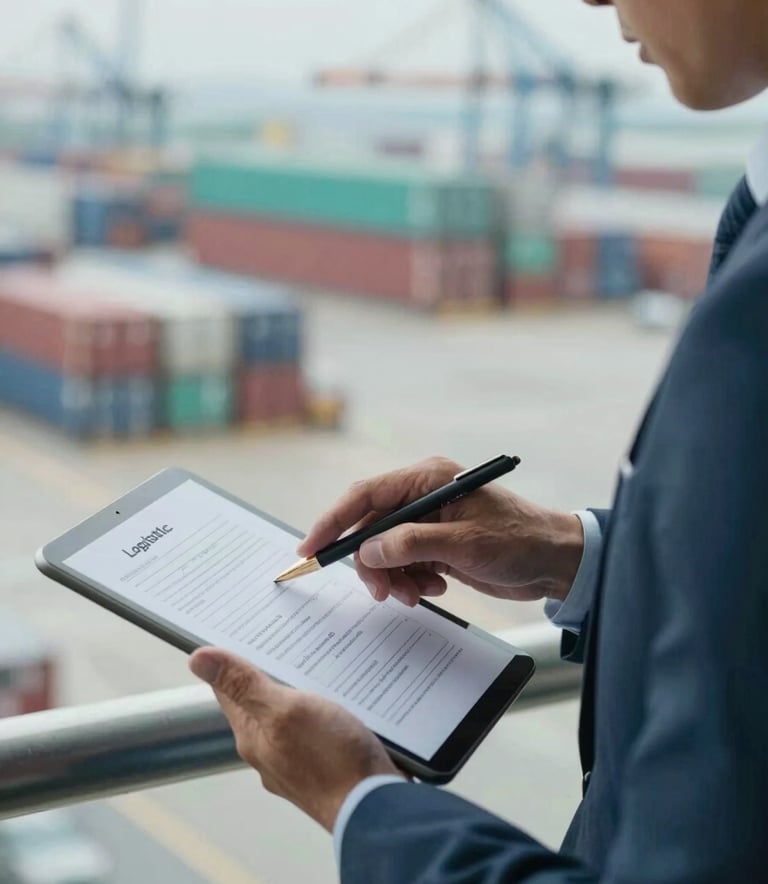 A close-up shot of a professional consultant in North American business attire reviewing logistics documents on a tablet. The background shows a soft-focus view of a shipping terminal. Mist Blue and Steel Teal colors visible in the environment.