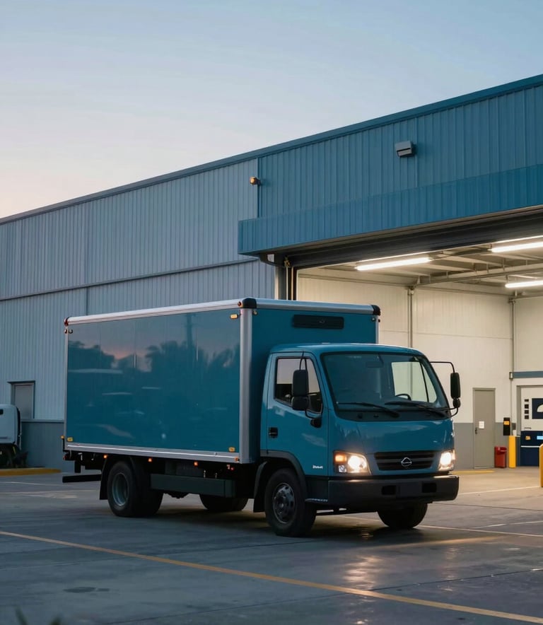 A clean, modern logistics hub with a focus on a delivery vehicle departing at twilight. The scene is shot in a North American / Global industrial district, utilizing a professional palette of dark teal and light blue-grey tones.