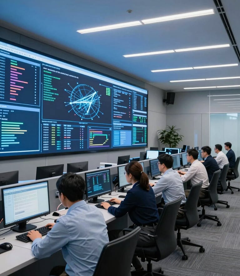 A wide shot of a modern, high-tech command center in a North American corporate office, featuring analysts in professional business attire monitoring data on large digital wall displays, cool blue lighting, sharp focus, professional photography.