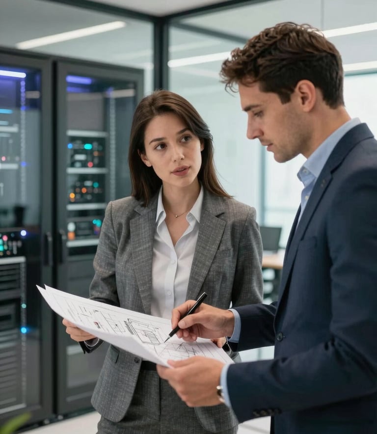 Two IT consultants in professional business casual attire discussing technical blueprints in a bright, modern North American office with a glass-walled server room in the background, soft natural lighting, high-end corporate style.