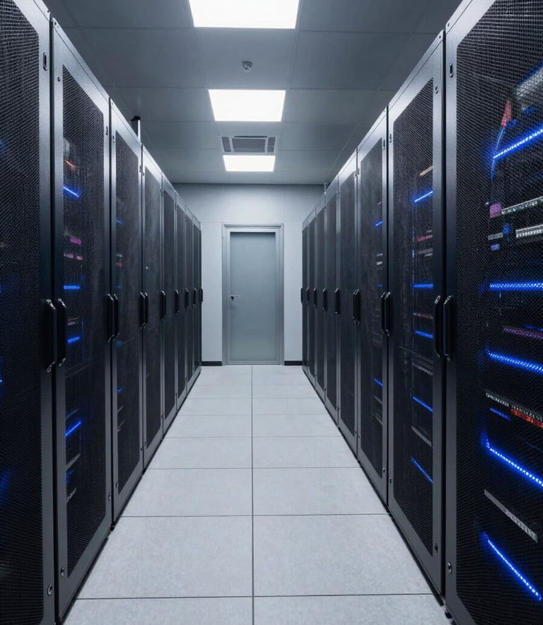 A secure, high-tech data center hallway in a North American facility with sleek steel panels and soft blue accent lighting, wide angle shot.