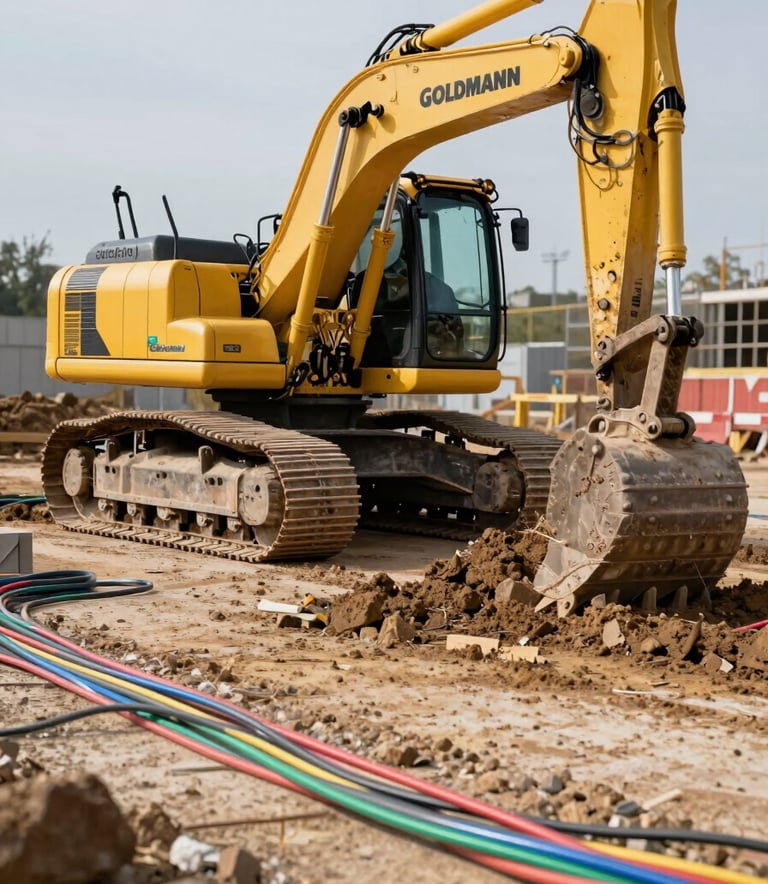 Professional high-quality photography of a Central European construction site. A yellow excavator with the branding GOLDMANN is moving earth. In the foreground, colorful fiber optic cables lie on the ground, awaiting installation. Sharp focus, daylight, industrial atmosphere.