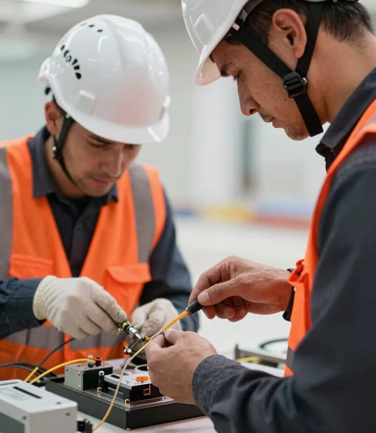 Close-up photography of two construction workers in white helmets and orange safety vests working on fiber optic splicing equipment. The setting is a clean, professional construction environment in Central Europe. Natural bright lighting, high-tech focus.