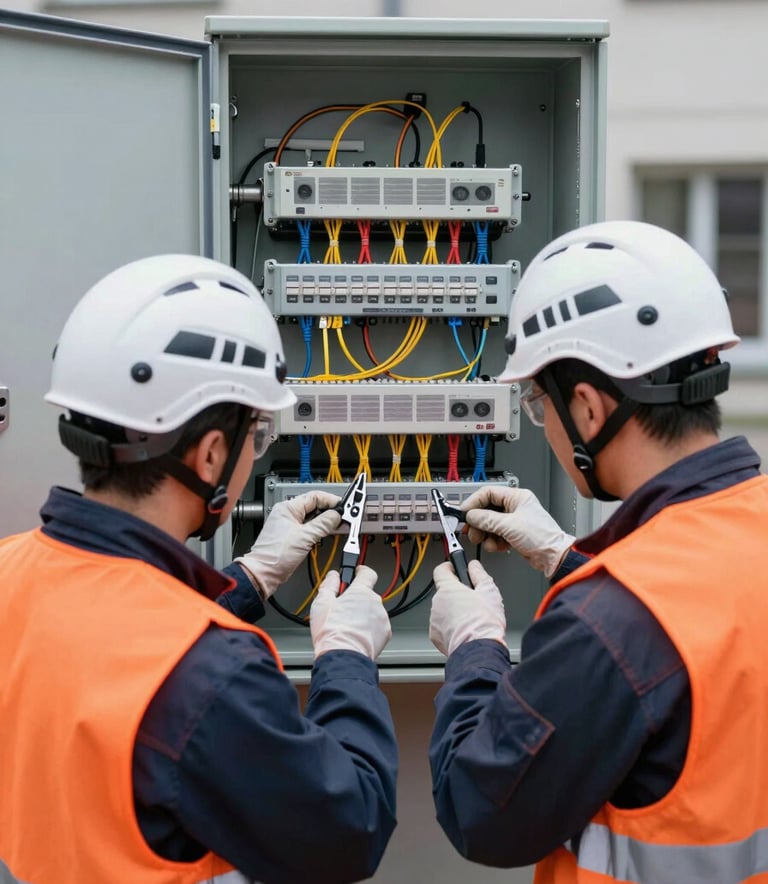 Two technicians in white helmets and orange safety vests working on a complex fiber optic distribution panel outdoors in a Central European / German urban setting. They are using precise tools, showcasing a high level of expertise and technical detail.