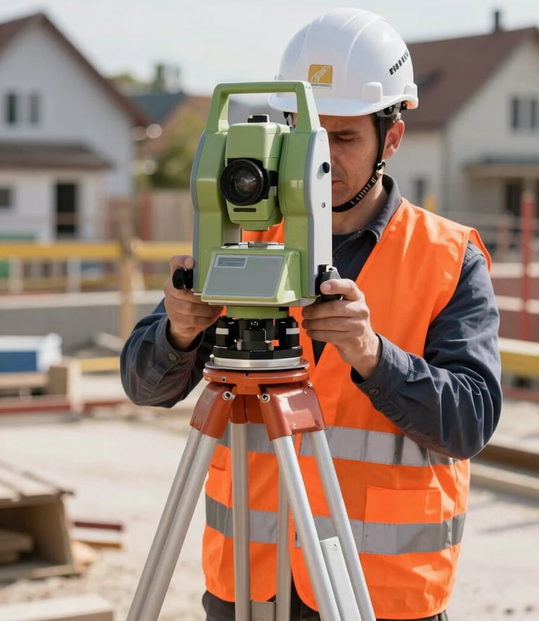 A professional construction worker in a white hard hat with a Goldmann logo and a bright orange safety vest, operating a high-precision surveying station on a tripod. The scene is a Central European / German suburban construction site during a clear day, emphasizing precision and modern infrastructure technology.