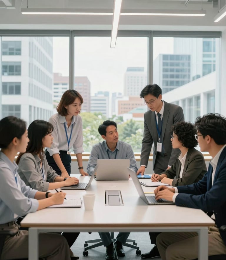 A diverse group of professional colleagues in a bright North American tech office collaborating around a large table, minimalist design, with large windows overlooking a modern city.