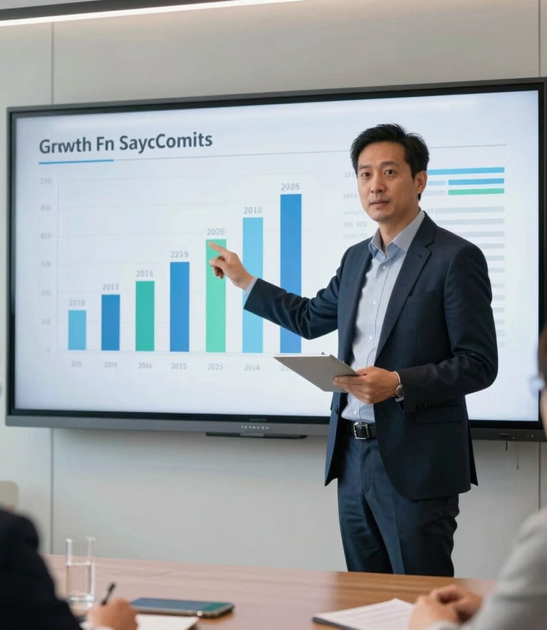 A professional North American business consultant in modern attire presenting growth analytics on a large interactive digital touchscreen in a bright corporate boardroom.