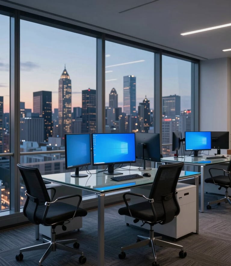 A sleek, professional North American office interior with floor-to-ceiling windows looking out onto a city skyline at dusk, featuring a minimalist glass desk and high-tech monitors glowing with blue light.