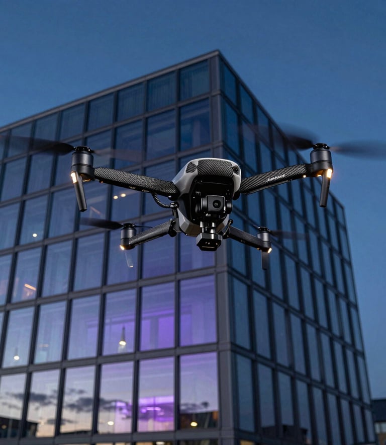 A professional industrial drone captured in mid-air, performing a detailed inspection of a sleek, contemporary European glass office building during twilight. The sky is a deep night blue, with luminous violet reflections on the drone's carbon fiber surface. High-end architectural photography style.