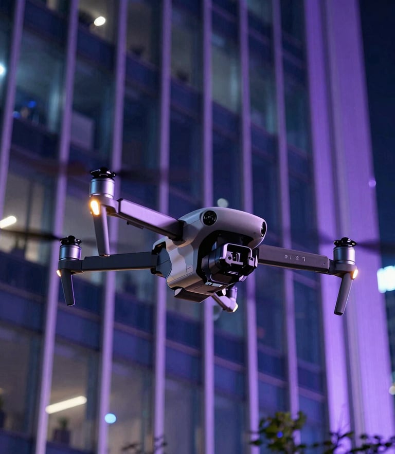 Close-up of a high-tech professional drone cleaning a glass facade of a modern European skyscraper at night, illuminated by soft violet and blue neon lights, sleek and cinematic style.