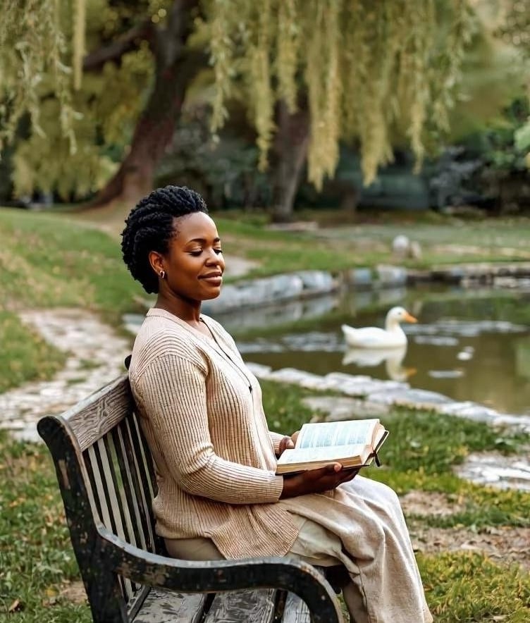 A woman relaxes on a park bench reading a book near a pond with a white duck.