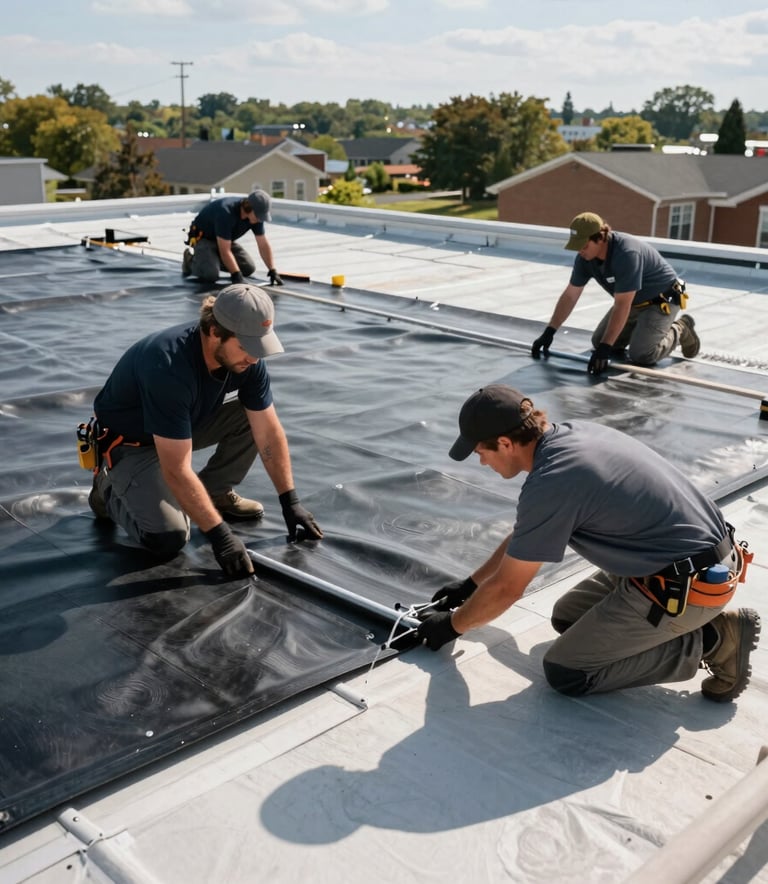 Professional roofing contractors in North American / US - New Jersey attire working on a large flat roof. They are installing TPO membrane on a bright, sunny day. The scene is clean, organized, and reflects high professional standards.