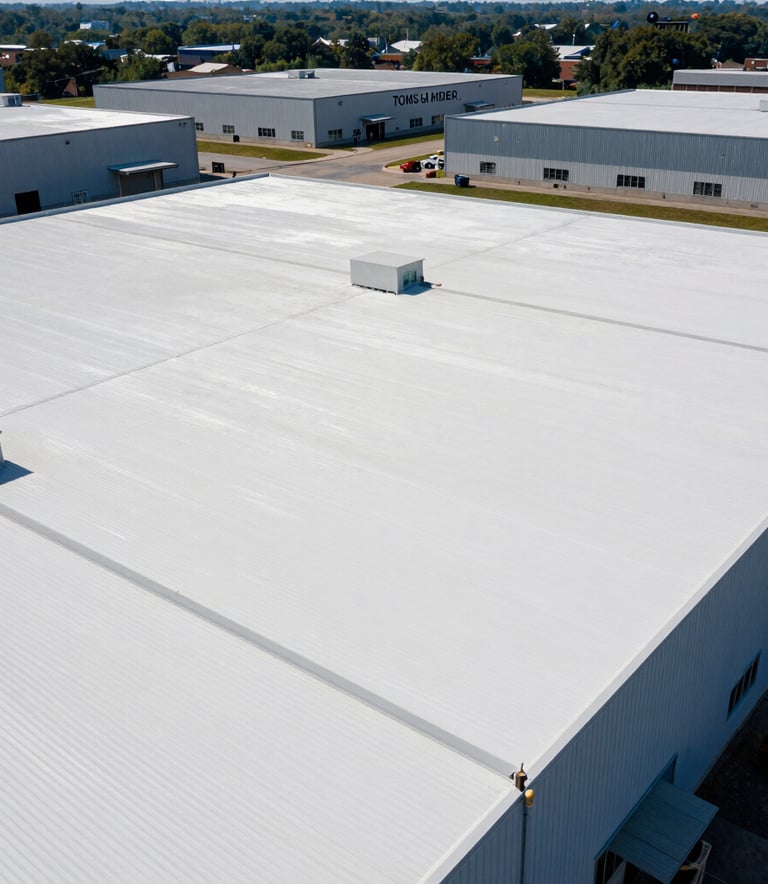 Low angle shot of a large commercial facility in Toms River, New Jersey, featuring a pristine white flat roof. The photograph emphasizes durability and industrial scale.