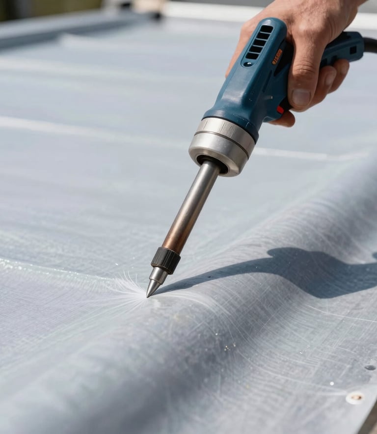 A professional close-up shot of a heat-welding tool being used on a light gray TPO roof membrane. The scene is bright and industrial, set in Toms River, New Jersey. The focus is on the precision and quality of the materials.