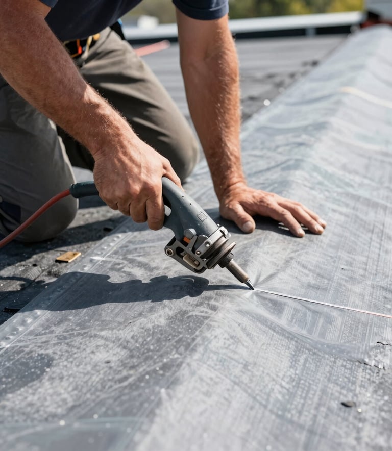 A close-up photograph of a professional roofer using a heat-welding tool on a grey TPO roofing membrane in North American / US - New Jersey. The scene shows the industrial texture of the waterproof material under bright daylight.