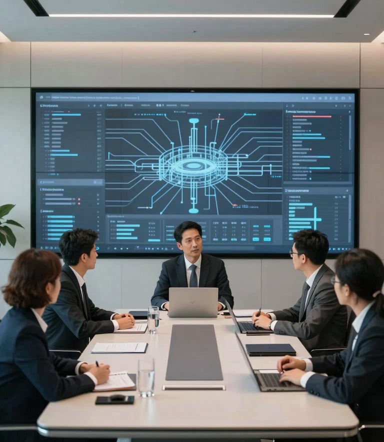 A professional boardroom meeting in a modern office with sleek furniture and large digital displays showing mist grey data networks in a slate blue ambiance.