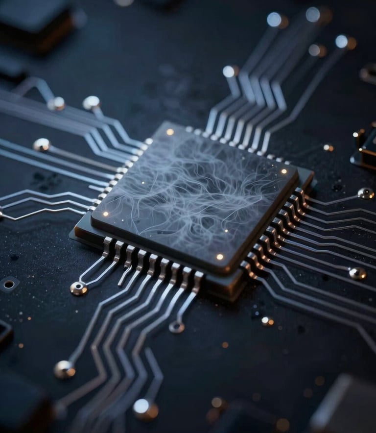 Macro photography of a futuristic microchip with glowing mist grey circuits against a dark deep midnight background, emphasizing precision and cutting-edge tech.