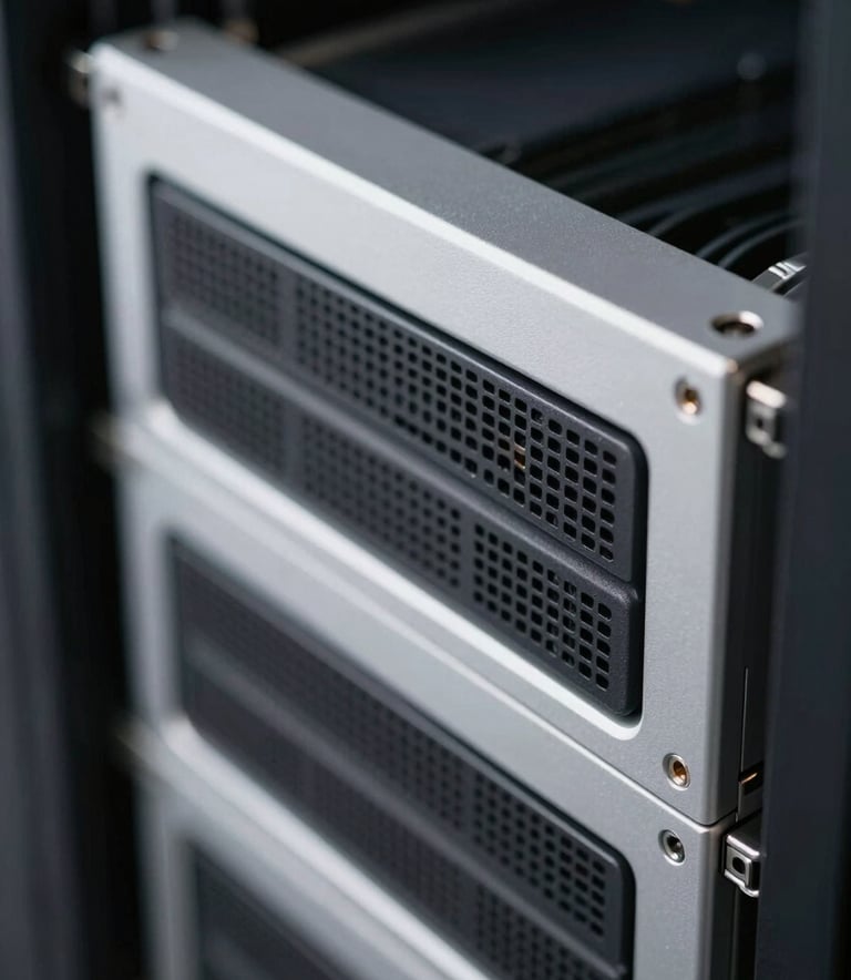 A high-end, close-up photograph of sophisticated server hardware inside a data center. The lighting is low and dramatic, highlighting sharp edges in mist white and deep charcoal tones. The composition is sleek and technical, emphasizing precision and reliability.