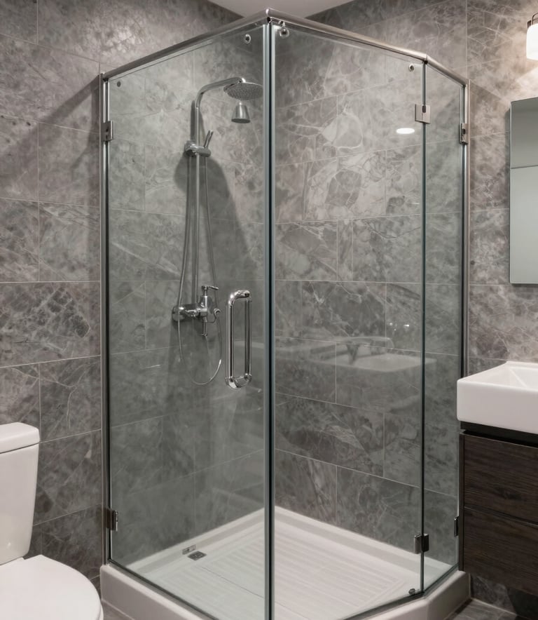 A contemporary bathroom with gray slate tiles and a walk-in glass shower, North American / Hispanic interior design, sharp focus and clean aesthetic.