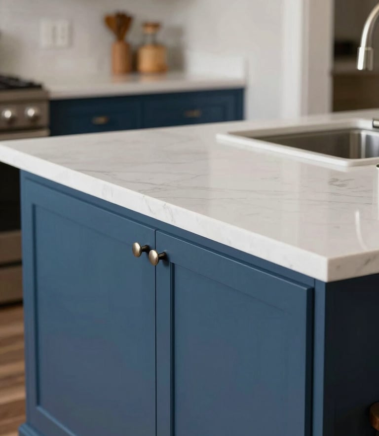 Close-up of a newly renovated kitchen island with white quartz countertops and elegant indigo blue cabinetry in a North American / Hispanic residence, professional lighting.
