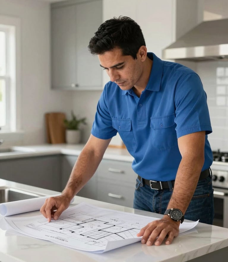 A professional contractor in a clean uniform reviewing architectural blueprints on a modern kitchen island, bright natural lighting, North American / Hispanic setting, professional and efficient atmosphere.