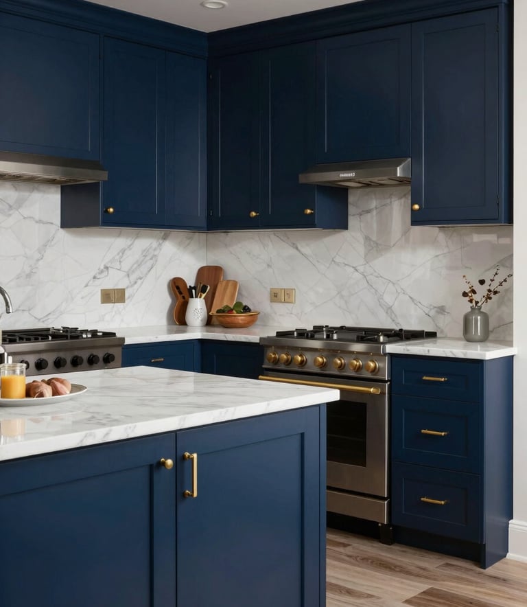 A stunning, completed luxury kitchen renovation with navy blue cabinets, white marble countertops, and modern gold hardware, high-end photography for a professional portfolio.