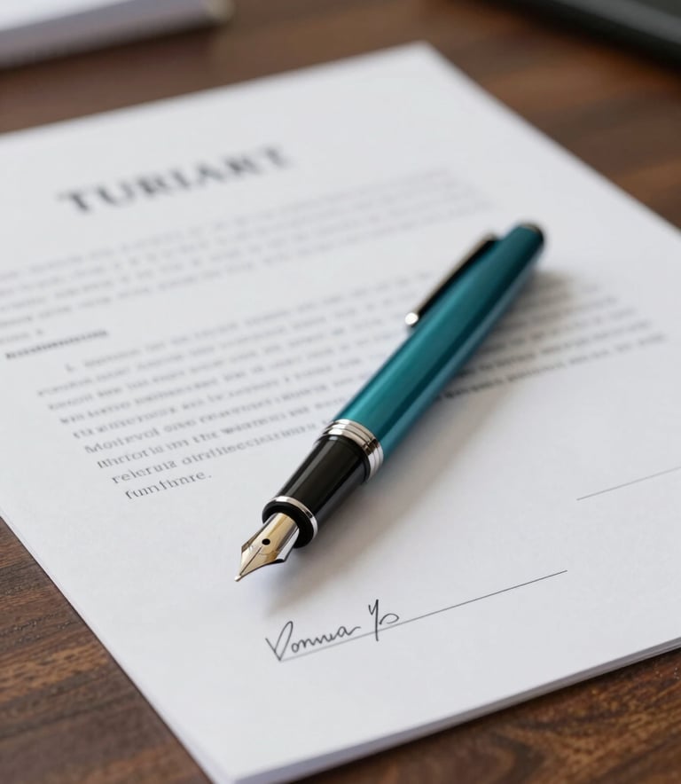 A close-up of a high-quality fountain pen resting on a signed legal contract. The scene is set on a dark, polished wooden desk with soft, professional lighting. Subtle deep teal (#054D4B) highlights on the pen and background elements to maintain brand consistency.