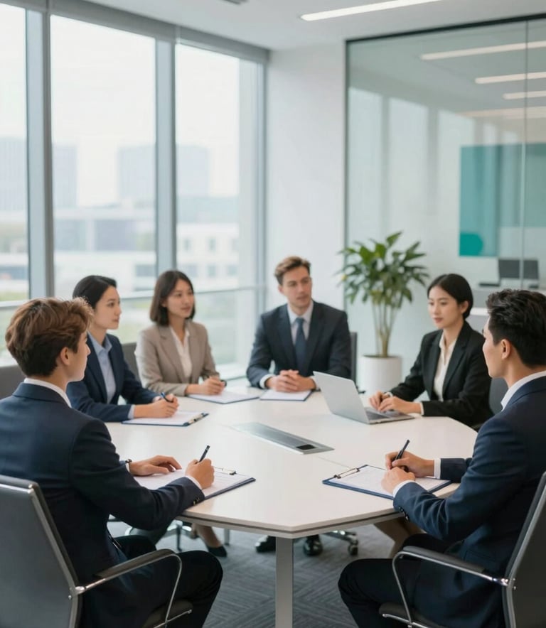 A diverse team of professional lawyers in smart business attire sitting in a bright, modern conference room. Large glass windows in the background. The atmosphere is collaborative and high-end, featuring #FCFCFC whites and #054D4B accents in the room's decor.