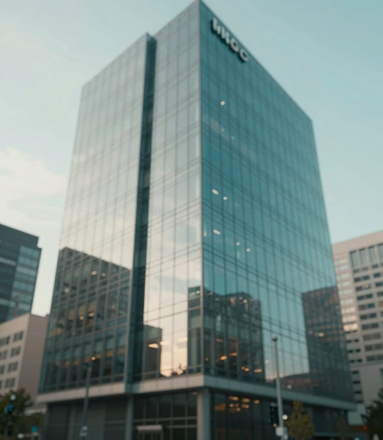 Modern office building exterior with a glass facade, reflecting the sky. The shot is wide-angle and professional, highlighting a clean and sophisticated corporate environment. Subtle color grading featuring #054D4B tones to match the Jus Legal brand.