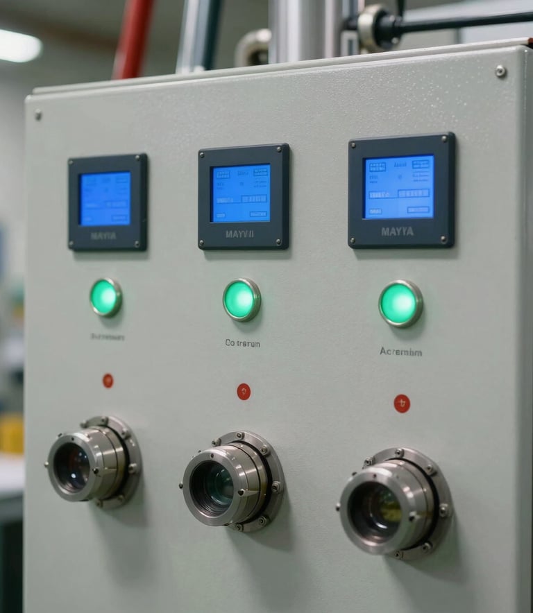 Close-up of an industrial water filtration control panel with maya blue digital displays and apple green status lights, showing precision engineering in a South American facility.