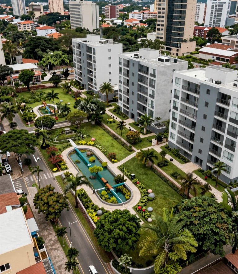 A professional wide shot of a modern sustainable residential development in a South American urban setting featuring integrated water recycling systems and lush green landscapes.