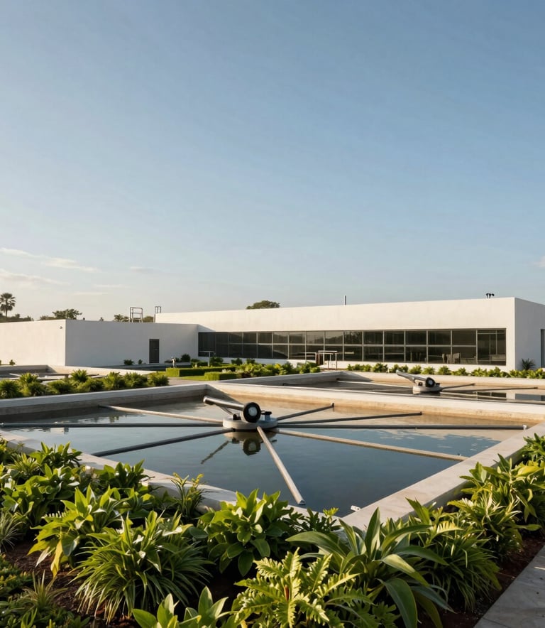 Exterior shot of a sophisticated ecological water treatment plant in Mexico, featuring clean architecture and green landscaping with Apple Green foliage, sunny afternoon sky.