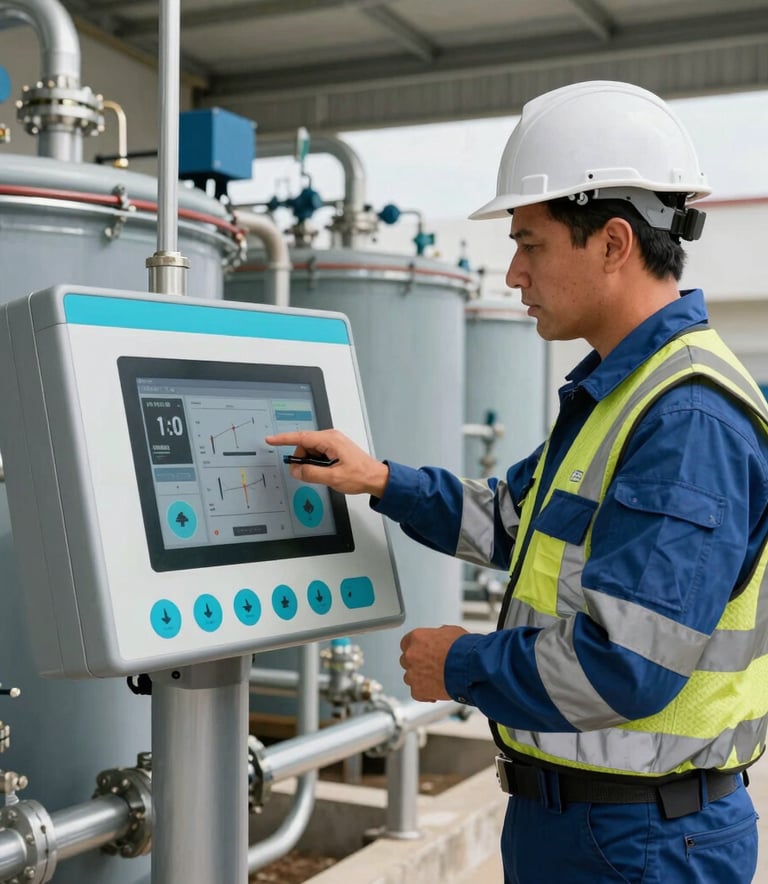 A professional Mexican engineer in safety attire inspecting a clean, modern water treatment dashboard with digital indicators and Maya Blue accents, industrial setting, daylight.