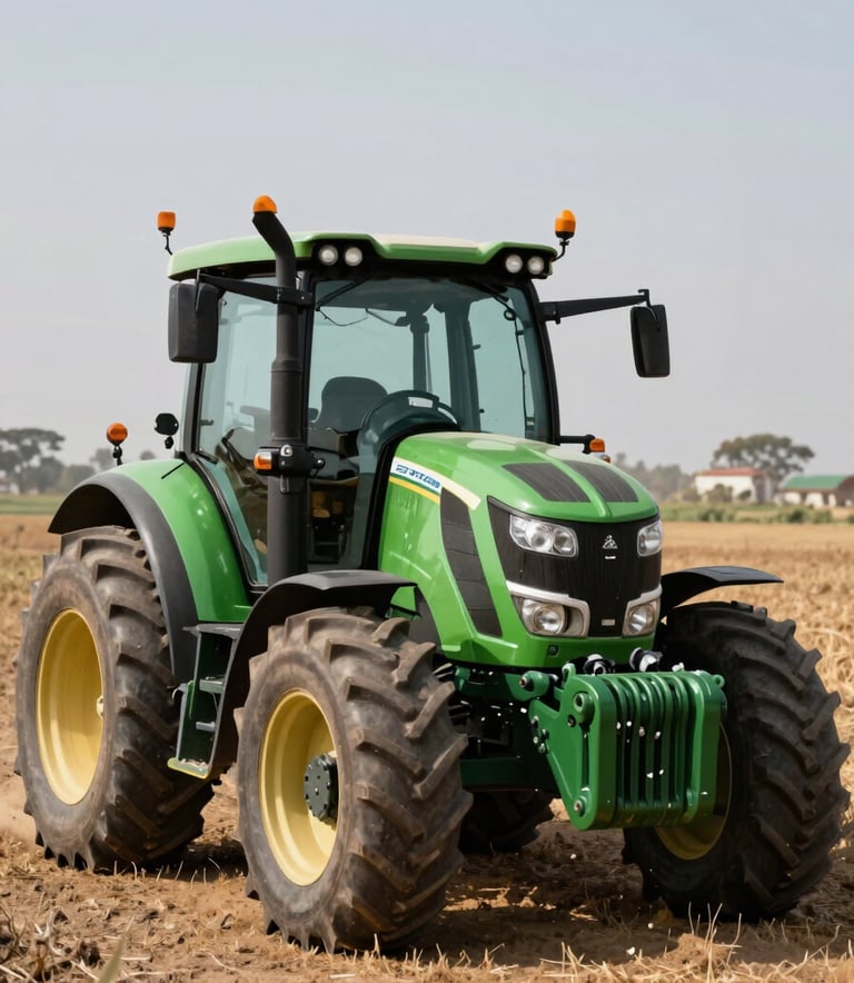 A high-quality professional photograph of a modern green tractor in an Ethiopian field, bright daylight, showcasing reliability and power, incorporating #52796F and #84A98C brand colors.