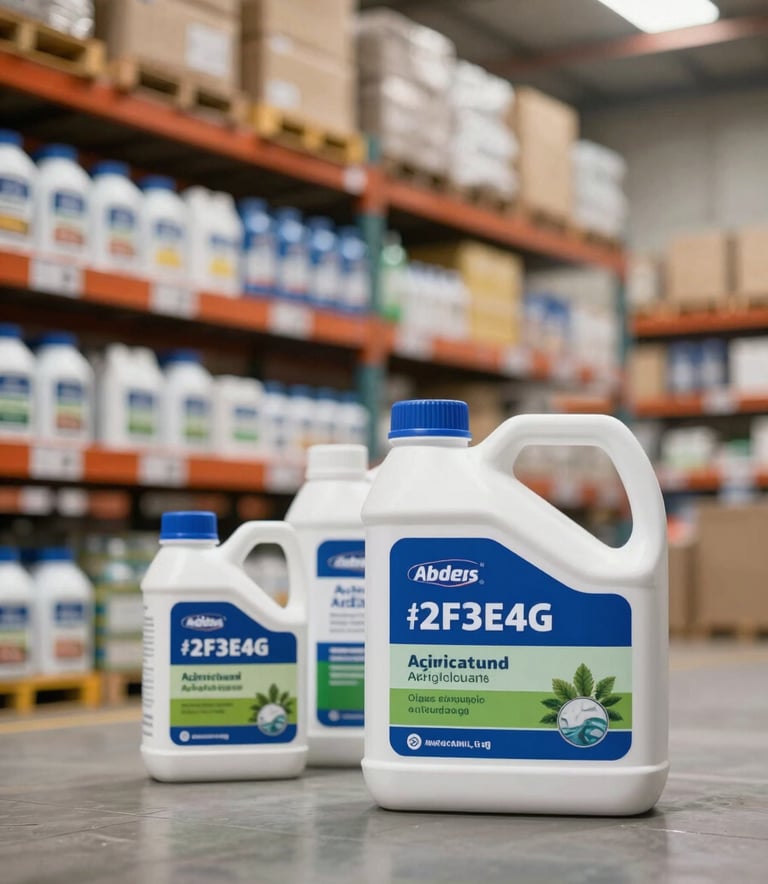 An organized industrial warehouse interior in Addis Ababa showing high-quality agricultural inputs and chemical supplies, clean and professional, with brand tones of #2F3E46.