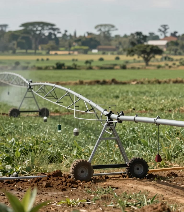 Professional high-angle shot of a modern irrigation system installation in Ethiopia, featuring water works equipment with a background of fertile farmland. The scene uses a professional color palette including #52796F and #84A98C tones, emphasizing reliability and infrastructure expertise.