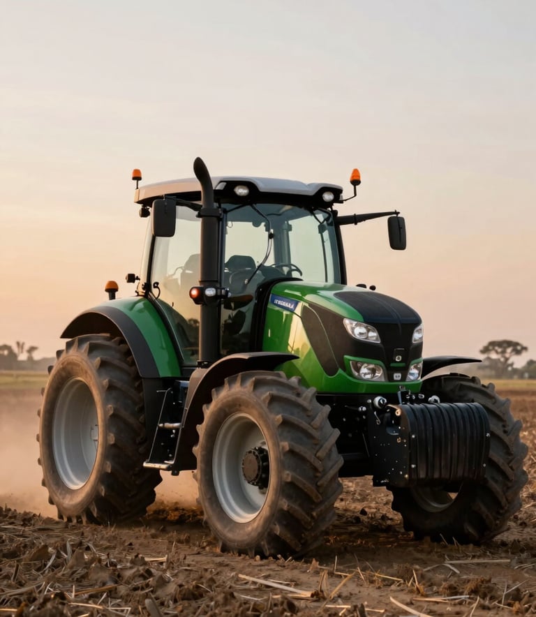 A powerful modern tractor working on a large-scale Ethiopian farm during sunset. The lighting is warm but professional, highlighting the machinery's robust build. Subtle incorporation of the brand colors #2F3E46 and #84A98C in the machinery and environment.