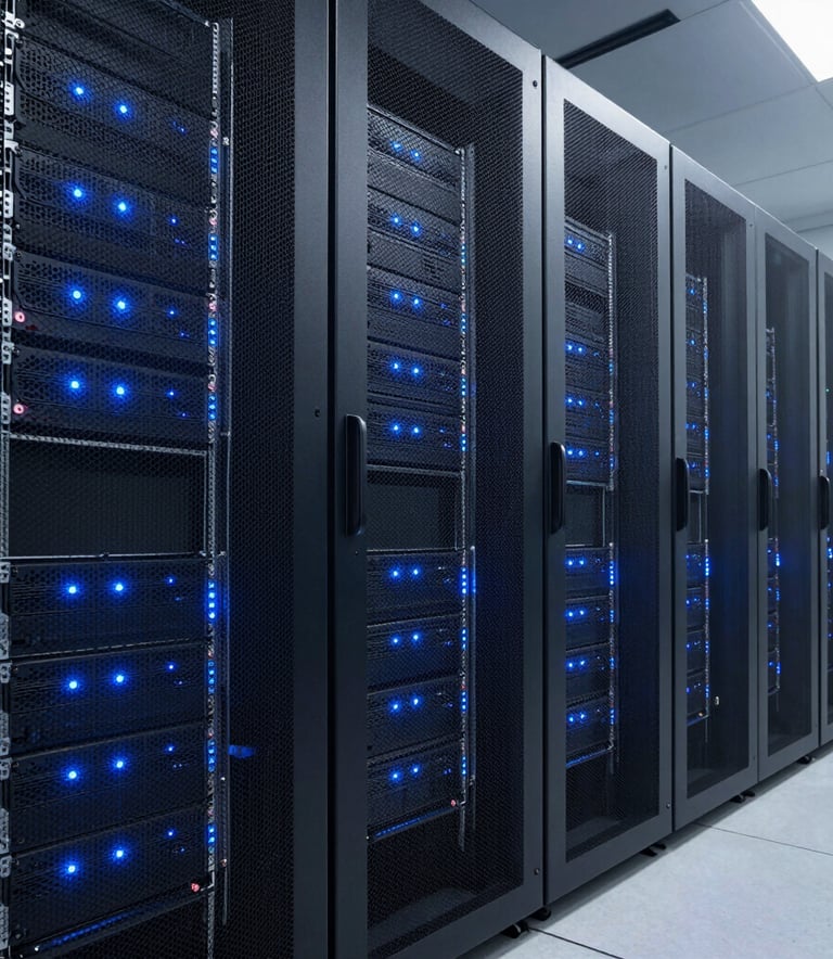Clean, wide-angle photography of a high-tech server room with glowing blue LED indicator lights on modern equipment racks, representing cutting-edge digital infrastructure and security, in a palette of dark navy and slate gray.