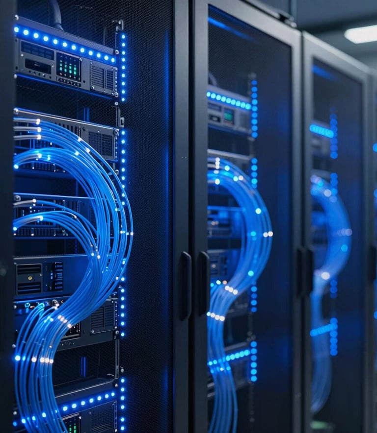 A futuristic server room backdrop with glowing deep sky blue LED lights and soft blue fiber optic cables. The setting is clean and high-tech, representing a global data center in a South Asian / Global Professional context.