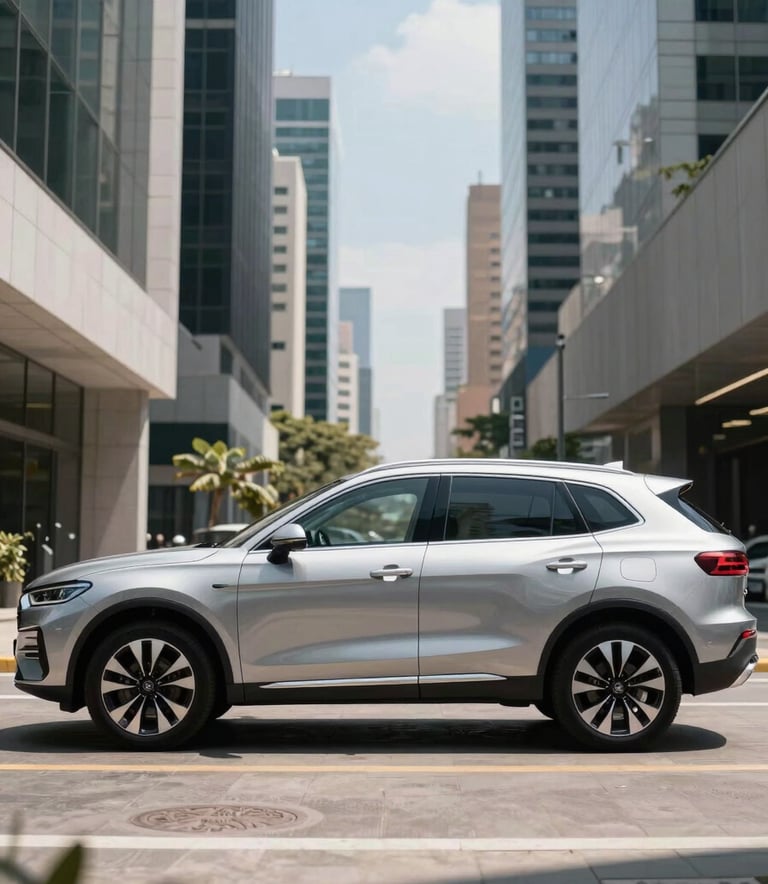 Side profile of a premium, clean silver SUV parked in front of modern architecture in a Latin American business district, sleek and professional aesthetic, bright daylight.