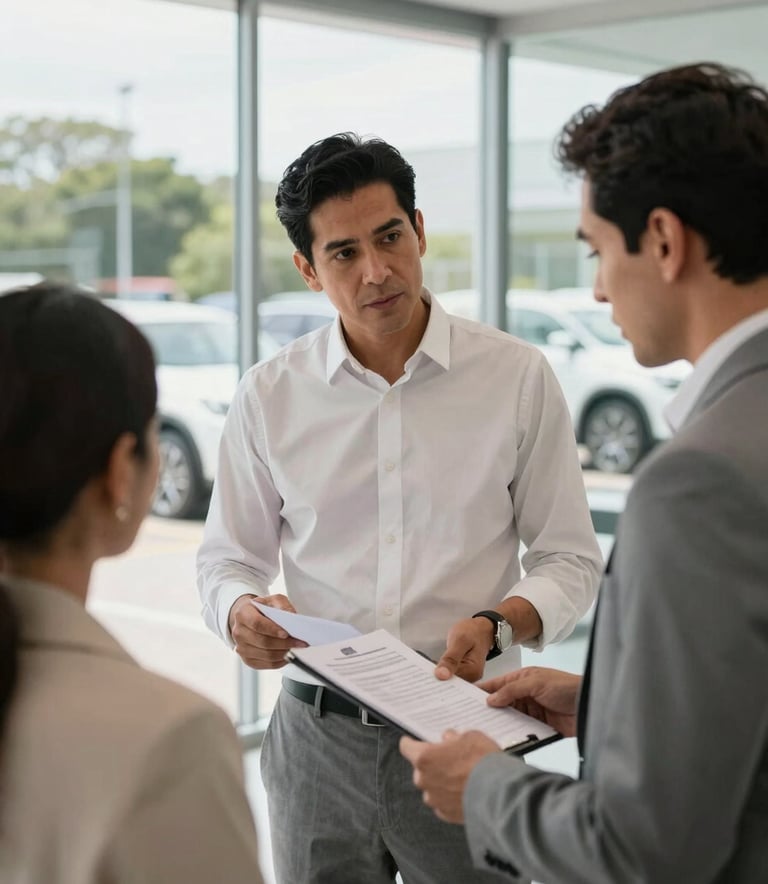 A professional automotive consultant in a Latin American business setting, reviewing documents with a client. They are in a modern, glass-walled office with a view of a clean vehicle lot. The atmosphere is transparent and customer-focused, with a palette of off-white and medium gray.
