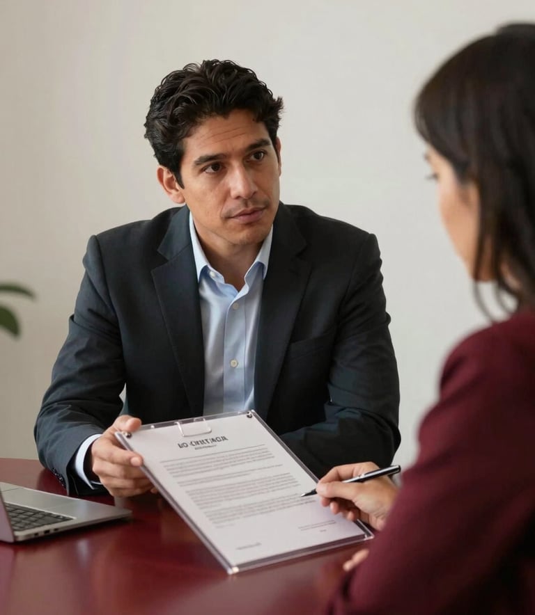 A professional interaction in a minimalist Latin American office setting where a consultant in business attire is explaining a transparent contract to a client, warm lighting, deep red accents.