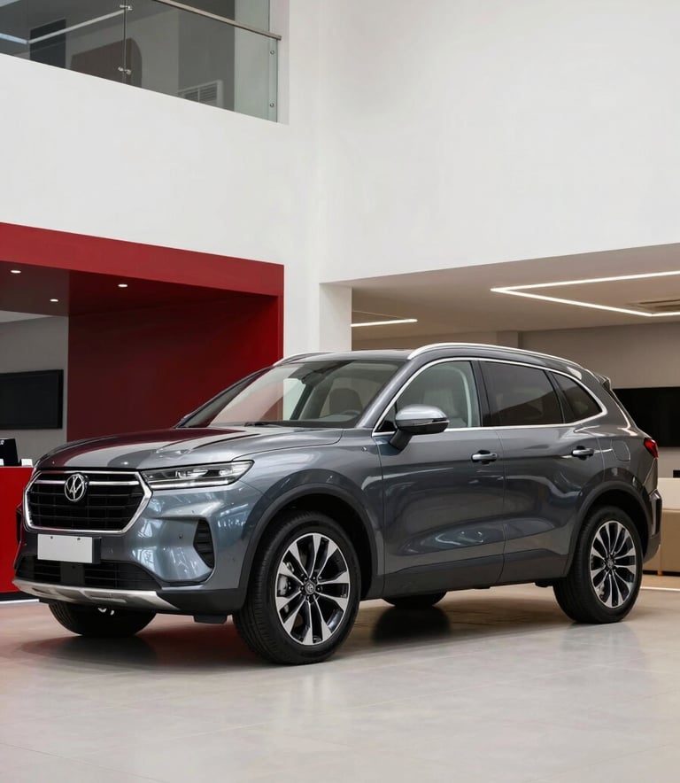 A high-end used SUV parked inside a bright, minimalist showroom in a Latin American city. The lighting is soft and professional, highlighting the car's polished surface. The composition is clean, conveying trust and efficiency, with deep charcoal and crimson red accents visible in the architectural details.